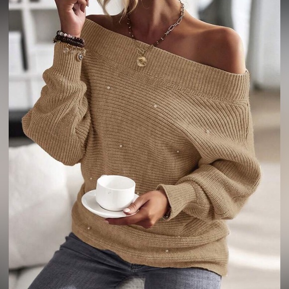 Cozy khaki Off Shoulder Oversized Sweater Top LAST PACK - Picture 1 of 6